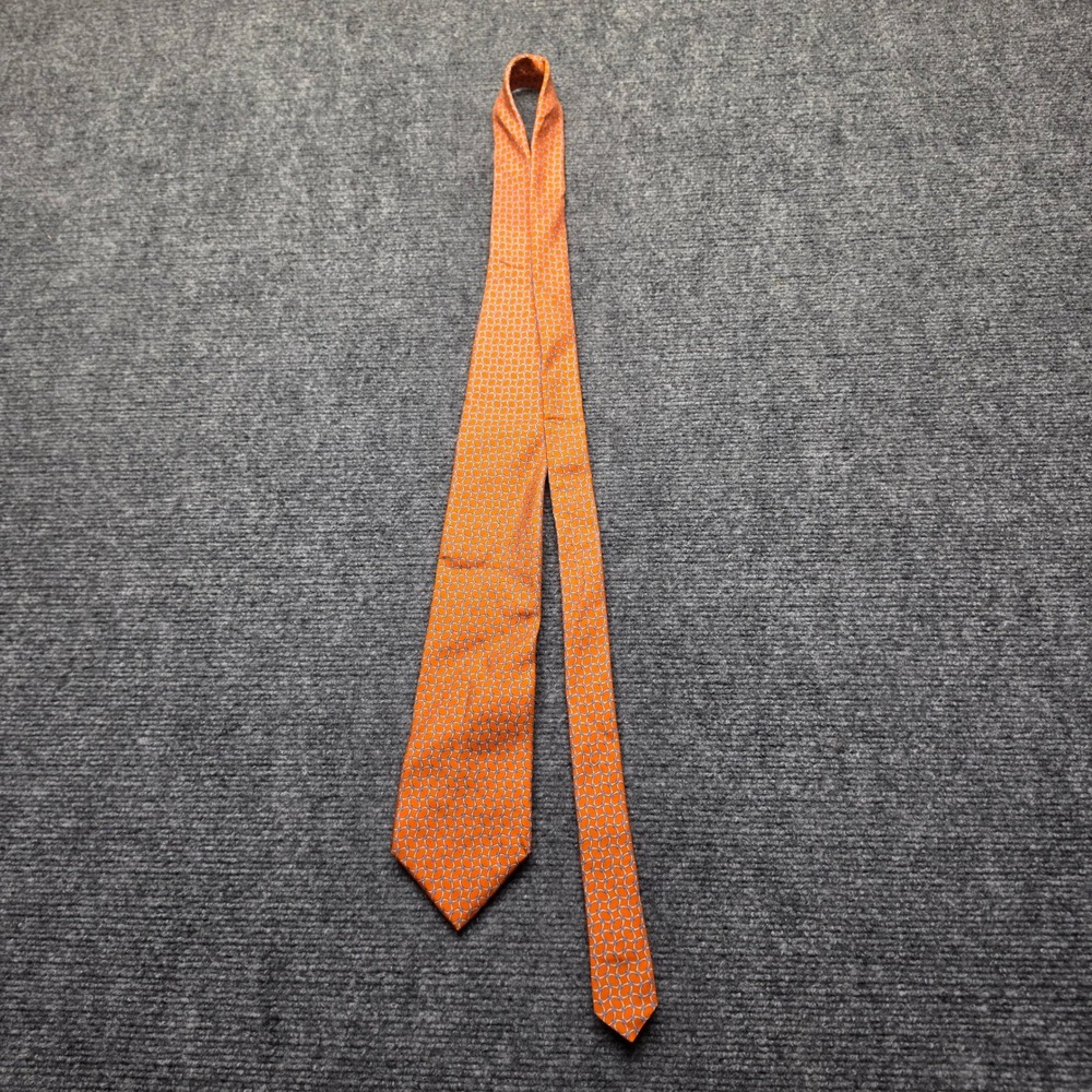 Brooks Brothers Makers Silk Tie Orange Blue Geometric Link Pattern Mens Necktie